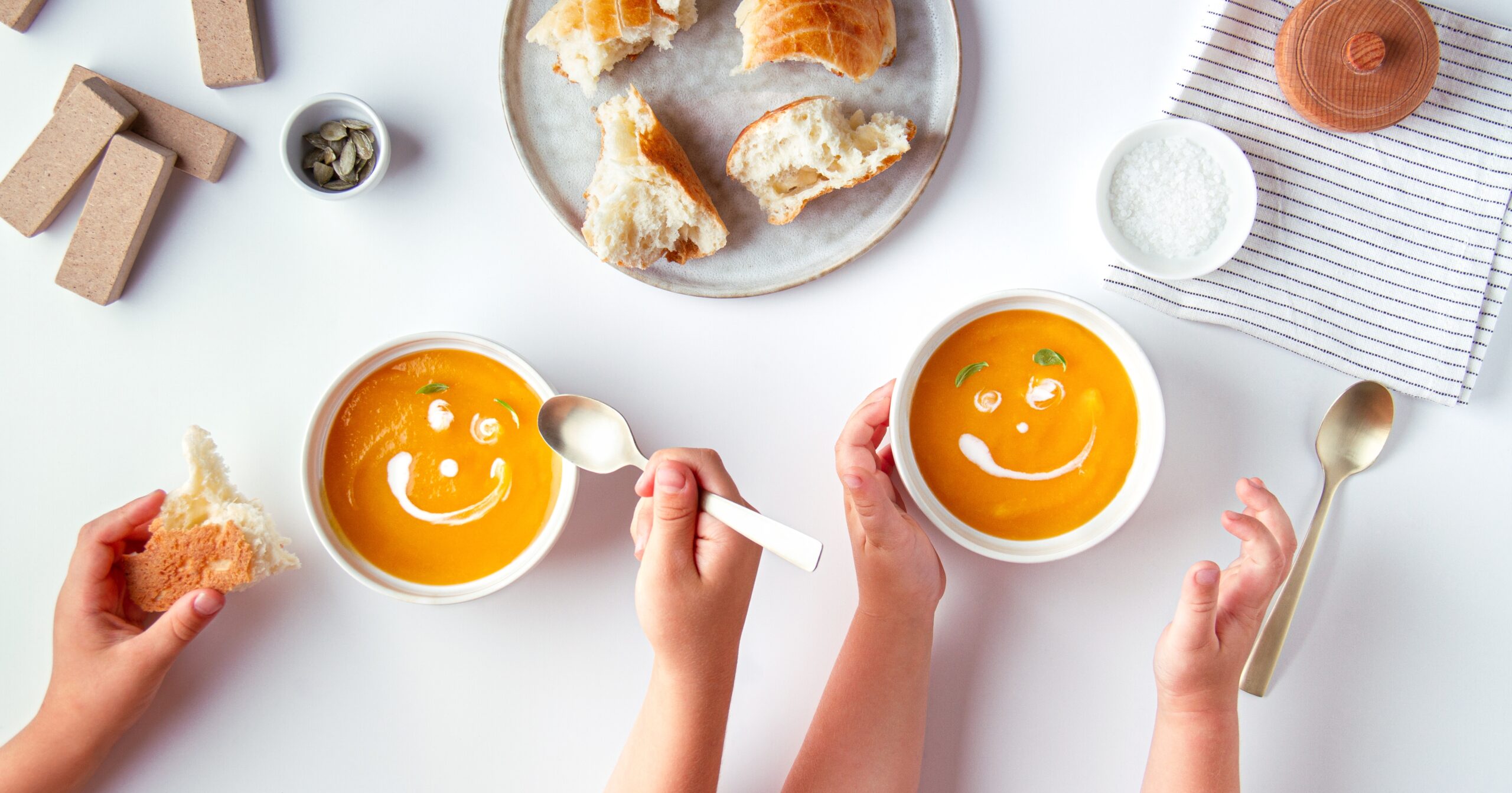 Children,Eat,Pumpkin,Cream,Soup,With,Cartoon,Smiles,From,Cream,